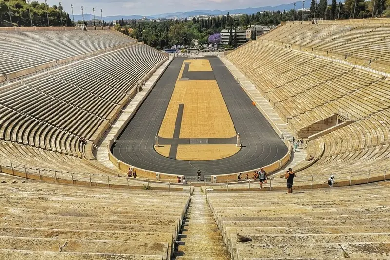 The marble tiers of the Panathenaic Stadium in Athens, seen from above